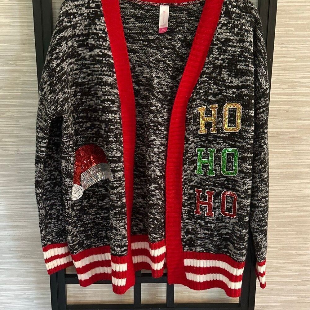 No Boundaries ho ho ho sequins cardigan Christmas sweater ugly Christmas sweater